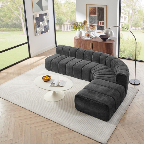 English Elm Modern Chenille Curved Modular Sectional with Channel Stitching and Movable Ottoman Black W487S00557