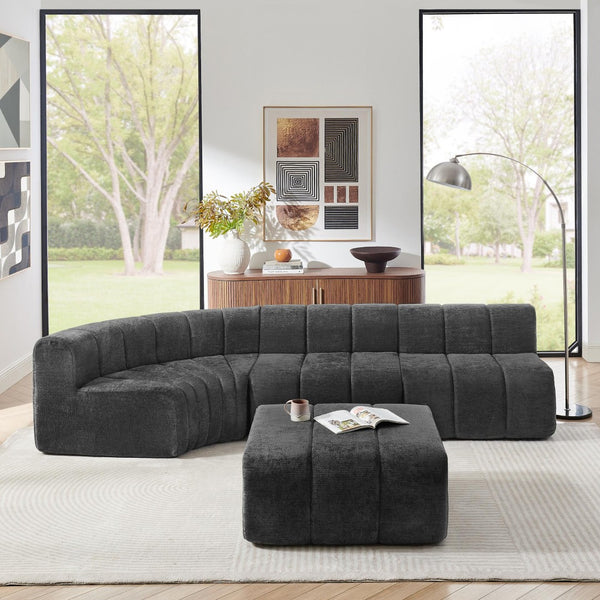 English Elm Modern Chenille Curved Modular Sectional with Channel Stitching and Movable Ottoman Black W487S00557