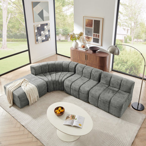 English Elm Modern Chenille Curved Modular Sectional with Channel Stitching and Movable Ottoman Dark Gray W487S00558
