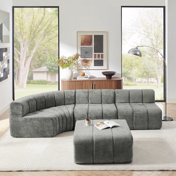English Elm Modern Chenille Curved Modular Sectional with Channel Stitching and Movable Ottoman Dark Gray W487S00558