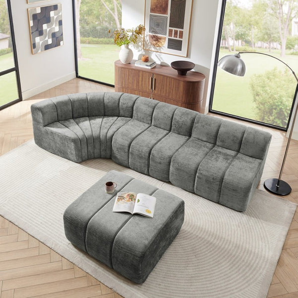 English Elm Modern Chenille Curved Modular Sectional with Channel Stitching and Movable Ottoman Dark Gray W487S00558