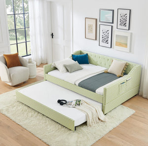 English Elm Full‑size Convertible Daybed Sofa with Pull-out Trundle Pockets and Polyester Upholstery Tufted Button Green W487S00564