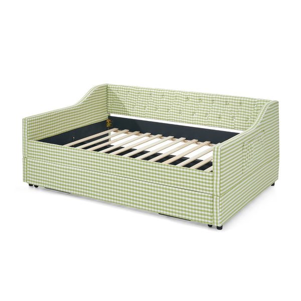 English Elm Full‑size Convertible Daybed Sofa with Pull-out Trundle Pockets and Polyester Upholstery Tufted Button Green W487S00564