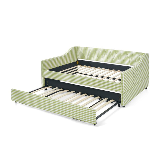 English Elm Full‑size Convertible Daybed Sofa with Pull-out Trundle Pockets and Polyester Upholstery Tufted Button Green W487S00564