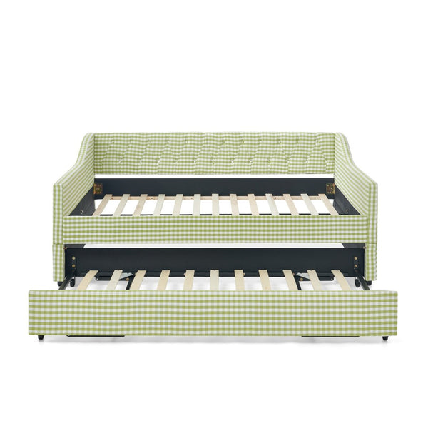 English Elm Full‑size Convertible Daybed Sofa with Pull-out Trundle Pockets and Polyester Upholstery Tufted Button Green W487S00564