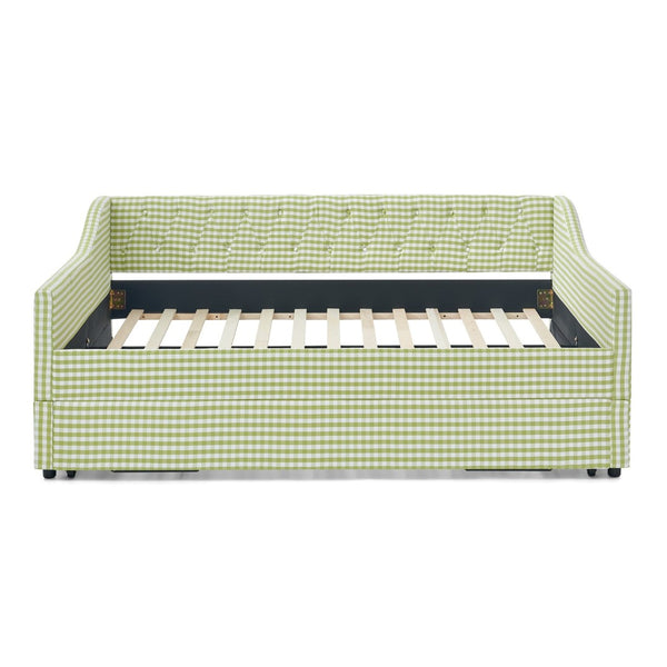 English Elm Full‑size Convertible Daybed Sofa with Pull-out Trundle Pockets and Polyester Upholstery Tufted Button Green W487S00564