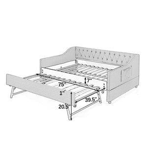 English Elm Full‑size Convertible Daybed Sofa with Pull-out Trundle Pockets and Polyester Upholstery Tufted Button Green W487S00564