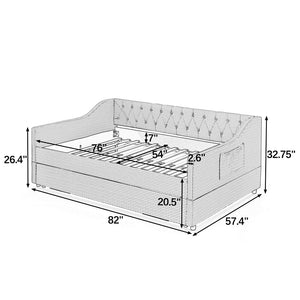 English Elm Full‑size Convertible Daybed Sofa with Pull-out Trundle Pockets and Polyester Upholstery Tufted Button Green W487S00564