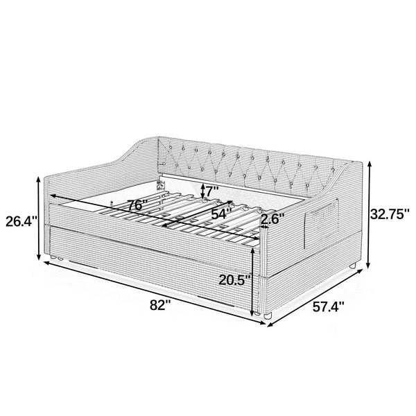 English Elm Full‑size Convertible Daybed Sofa with Pull-out Trundle Pockets and Polyester Upholstery Tufted Button Green W487S00564