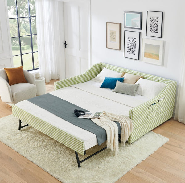 English Elm Full‑size Convertible Daybed Sofa with Pull-out Trundle Pockets and Polyester Upholstery Tufted Button Green W487S00564