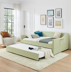 English Elm Full‑size Convertible Daybed Sofa with Pull-out Trundle Pockets and Polyester Upholstery Tufted Button Green W487S00564