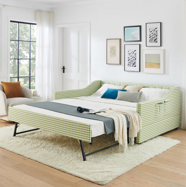 English Elm Full‑size Convertible Daybed Sofa with Pull-out Trundle Pockets and Polyester Upholstery Tufted Button Green W487S00564