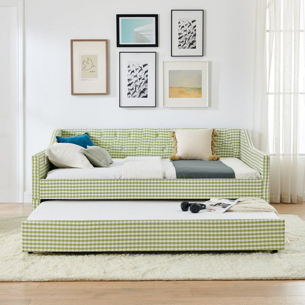 English Elm Full‑size Convertible Daybed Sofa with Pull-out Trundle Pockets and Polyester Upholstery Tufted Button Green W487S00564