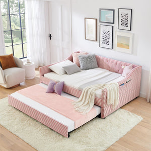 English Elm Full‑size Convertible Daybed Sofa with Pull-out Trundle Pockets and Polyester Upholstery Tufted Button Pink W487S00565
