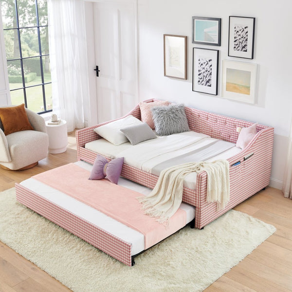 English Elm Full‑size Convertible Daybed Sofa with Pull-out Trundle Pockets and Polyester Upholstery Tufted Button Pink W487S00565