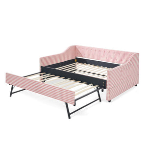 English Elm Full‑size Convertible Daybed Sofa with Pull-out Trundle Pockets and Polyester Upholstery Tufted Button Pink W487S00565
