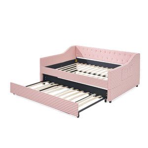 English Elm Full‑size Convertible Daybed Sofa with Pull-out Trundle Pockets and Polyester Upholstery Tufted Button Pink W487S00565