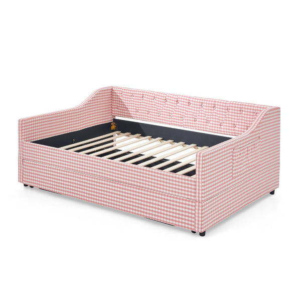 English Elm Full‑size Convertible Daybed Sofa with Pull-out Trundle Pockets and Polyester Upholstery Tufted Button Pink W487S00565