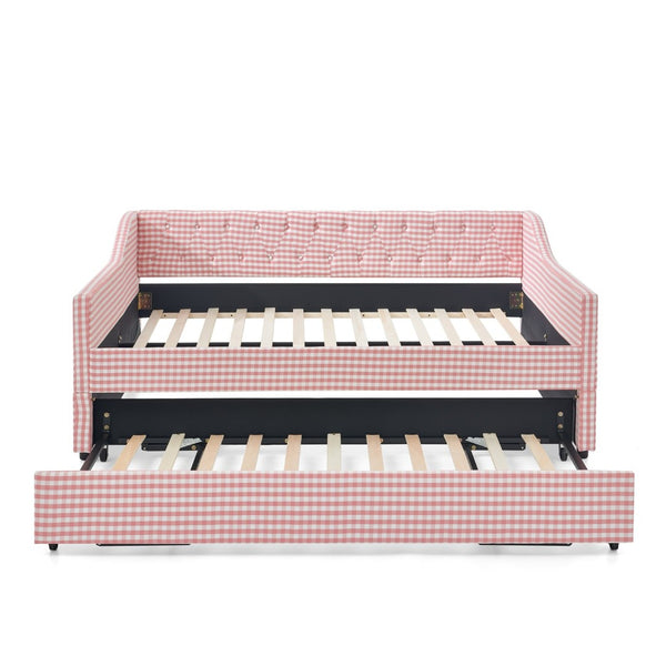 English Elm Full‑size Convertible Daybed Sofa with Pull-out Trundle Pockets and Polyester Upholstery Tufted Button Pink W487S00565