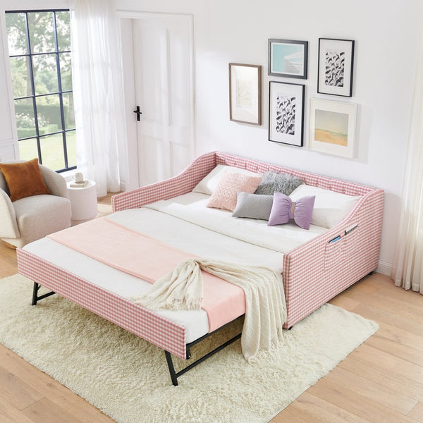 English Elm Full‑size Convertible Daybed Sofa with Pull-out Trundle Pockets and Polyester Upholstery Tufted Button Pink W487S00565