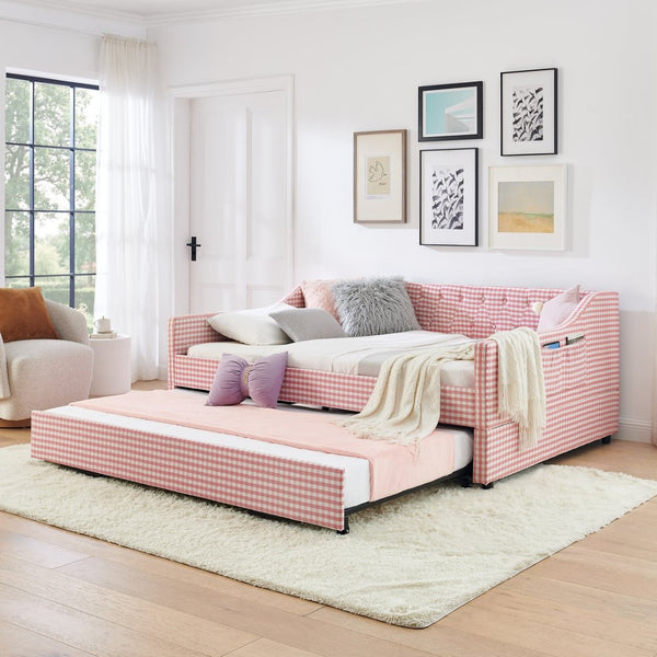 English Elm Full‑size Convertible Daybed Sofa with Pull-out Trundle Pockets and Polyester Upholstery Tufted Button Pink W487S00565