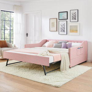 English Elm Full‑size Convertible Daybed Sofa with Pull-out Trundle Pockets and Polyester Upholstery Tufted Button Pink W487S00565