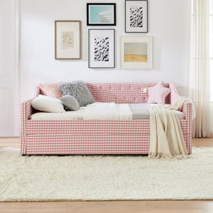 English Elm Full‑size Convertible Daybed Sofa with Pull-out Trundle Pockets and Polyester Upholstery Tufted Button Pink W487S00565