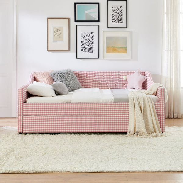 English Elm Full‑size Convertible Daybed Sofa with Pull-out Trundle Pockets and Polyester Upholstery Tufted Button Pink W487S00565