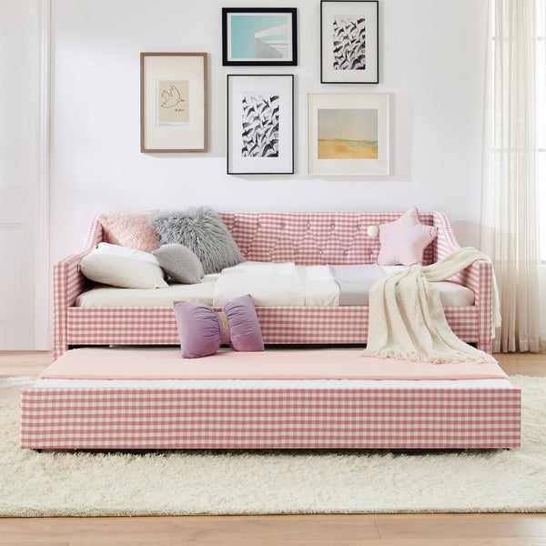 English Elm Full‑size Convertible Daybed Sofa with Pull-out Trundle Pockets and Polyester Upholstery Tufted Button Pink W487S00565