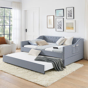 English Elm Full‑size Convertible Daybed Sofa with Pull-out Trundle Pockets and Polyester Upholstery Tufted Button Dark Blue W487S00566