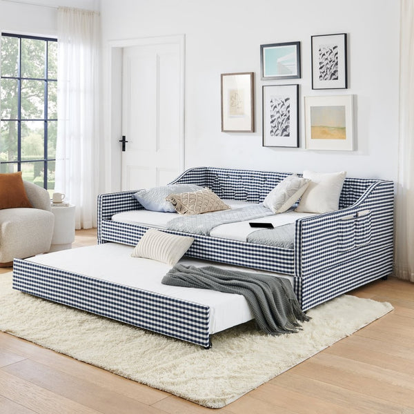 English Elm Full‑size Convertible Daybed Sofa with Pull-out Trundle Pockets and Polyester Upholstery Tufted Button Dark Blue W487S00566