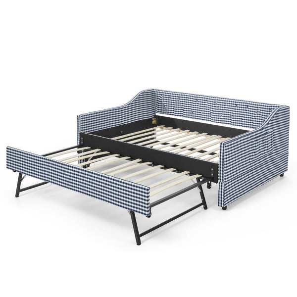 English Elm Full‑size Convertible Daybed Sofa with Pull-out Trundle Pockets and Polyester Upholstery Tufted Button Dark Blue W487S00566