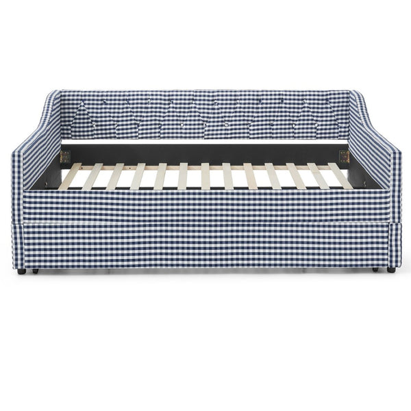English Elm Full‑size Convertible Daybed Sofa with Pull-out Trundle Pockets and Polyester Upholstery Tufted Button Dark Blue W487S00566