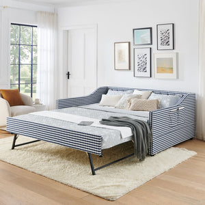 English Elm Full‑size Convertible Daybed Sofa with Pull-out Trundle Pockets and Polyester Upholstery Tufted Button Dark Blue W487S00566
