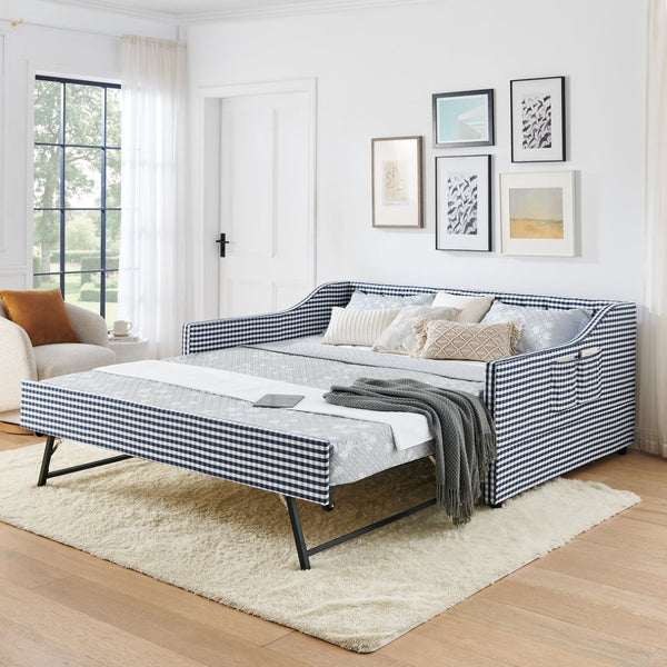 English Elm Full‑size Convertible Daybed Sofa with Pull-out Trundle Pockets and Polyester Upholstery Tufted Button Dark Blue W487S00566