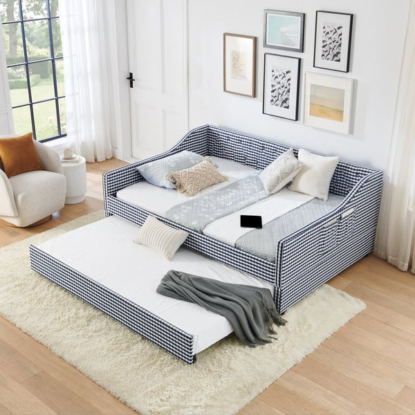 English Elm Full‑size Convertible Daybed Sofa with Pull-out Trundle Pockets and Polyester Upholstery Tufted Button Dark Blue W487S00566