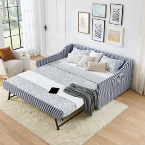 English Elm Full‑size Convertible Daybed Sofa with Pull-out Trundle Pockets and Polyester Upholstery Tufted Button Dark Blue W487S00566