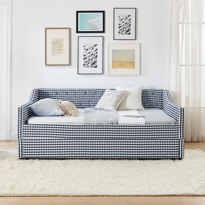 English Elm Full‑size Convertible Daybed Sofa with Pull-out Trundle Pockets and Polyester Upholstery Tufted Button Dark Blue W487S00566