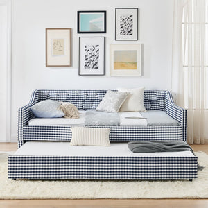 English Elm Full‑size Convertible Daybed Sofa with Pull-out Trundle Pockets and Polyester Upholstery Tufted Button Dark Blue W487S00566