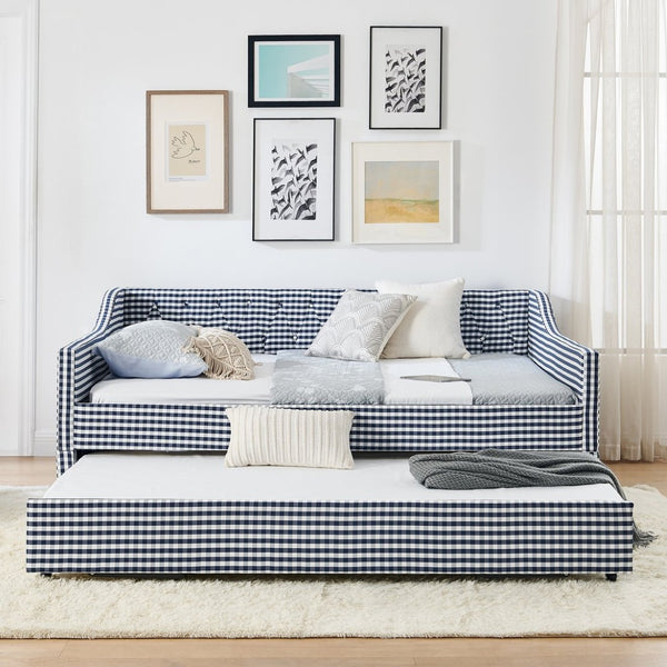 English Elm Full‑size Convertible Daybed Sofa with Pull-out Trundle Pockets and Polyester Upholstery Tufted Button Dark Blue W487S00566