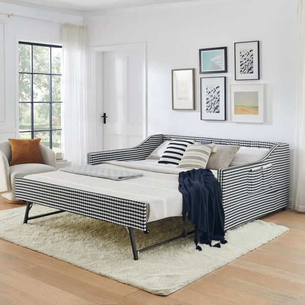 English Elm Full‑size Convertible Daybed Sofa with Pull-out Trundle Pockets and Polyester Upholstery Tufted Button Black W487S00567