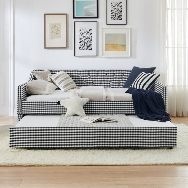 English Elm Full‑size Convertible Daybed Sofa with Pull-out Trundle Pockets and Polyester Upholstery Tufted Button Black W487S00567