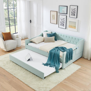 English Elm Full‑size Convertible Daybed Sofa with Pull-out Trundle Pockets and Polyester Upholstery Tufted Button Cyan W487S00568