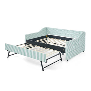 English Elm Full‑size Convertible Daybed Sofa with Pull-out Trundle Pockets and Polyester Upholstery Tufted Button Cyan W487S00568