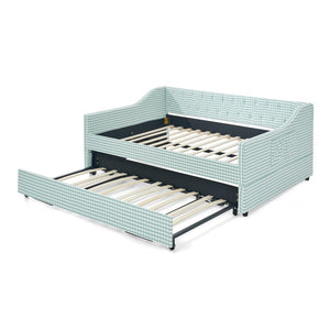 English Elm Full‑size Convertible Daybed Sofa with Pull-out Trundle Pockets and Polyester Upholstery Tufted Button Cyan W487S00568