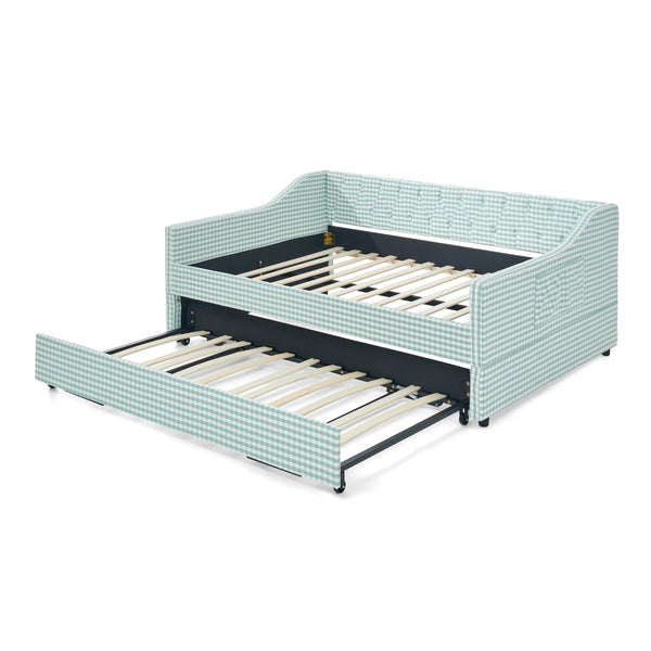 English Elm Full‑size Convertible Daybed Sofa with Pull-out Trundle Pockets and Polyester Upholstery Tufted Button Cyan W487S00568