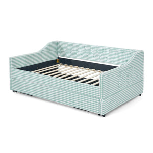 English Elm Full‑size Convertible Daybed Sofa with Pull-out Trundle Pockets and Polyester Upholstery Tufted Button Cyan W487S00568