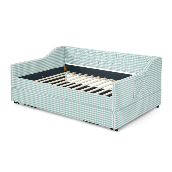 English Elm Full‑size Convertible Daybed Sofa with Pull-out Trundle Pockets and Polyester Upholstery Tufted Button Cyan W487S00568