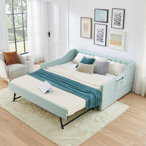 English Elm Full‑size Convertible Daybed Sofa with Pull-out Trundle Pockets and Polyester Upholstery Tufted Button Cyan W487S00568