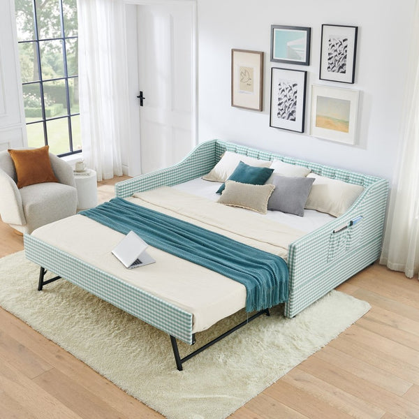 English Elm Full‑size Convertible Daybed Sofa with Pull-out Trundle Pockets and Polyester Upholstery Tufted Button Cyan W487S00568